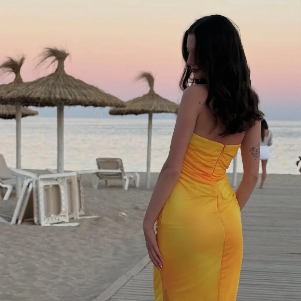 Zara NWT yellow orange tie dye printed tulle midi draped ruched sweetheart dress - Picture 5 of 15